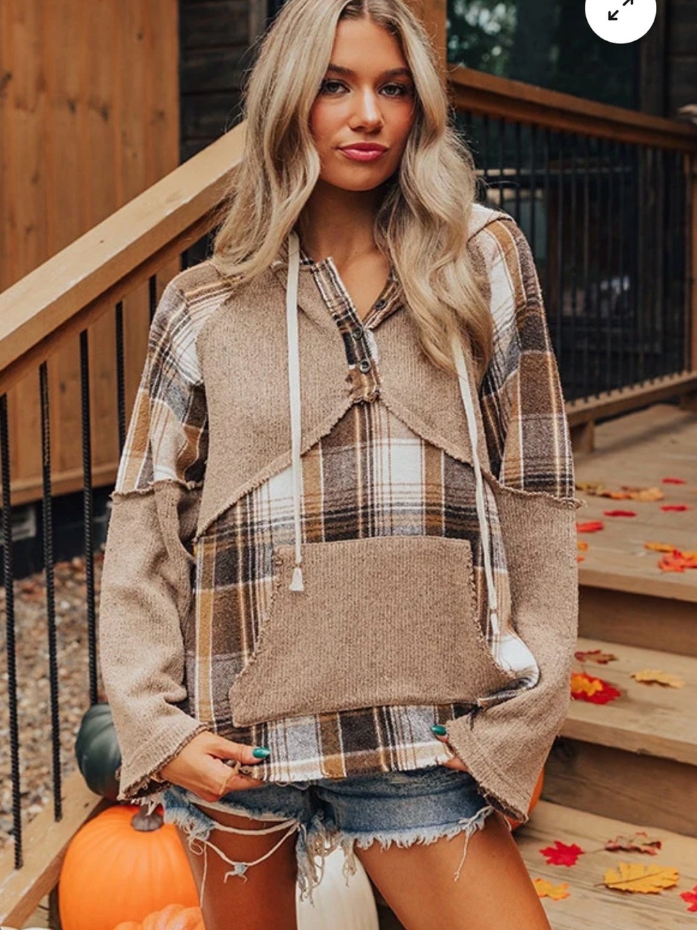 POL COOL WEATHER INCLINED PLAID HOODIE IN MOCHA - cabincore - fall - size medium - Picture 2 of 11
